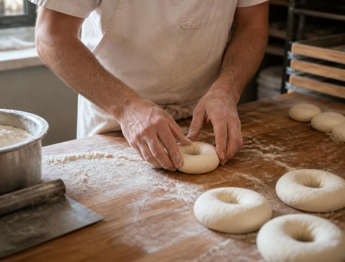 Baker shaping bagel dough by hand on a floured table