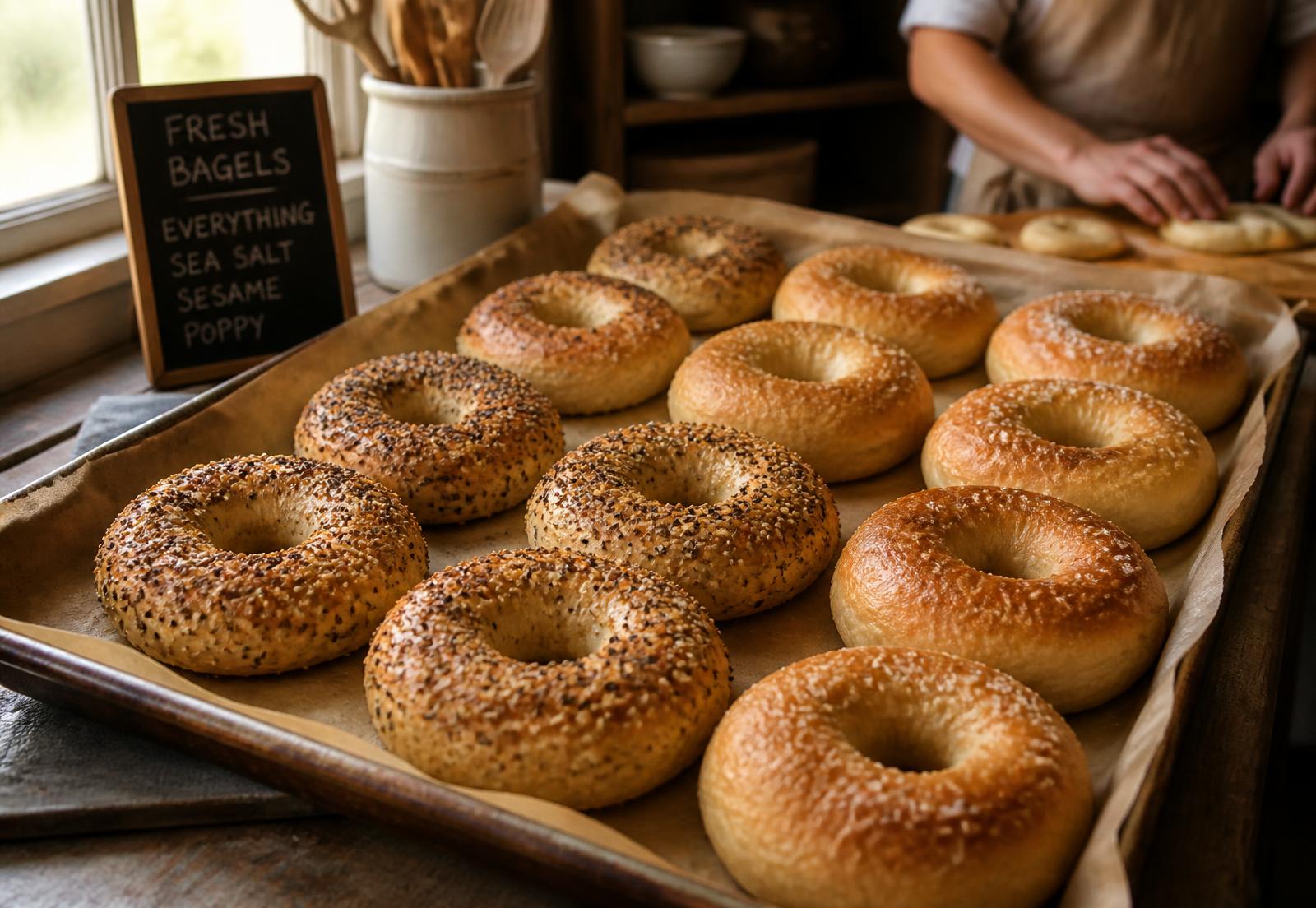 Tray of freshly baked everything, salt and sesame bagels on parchment